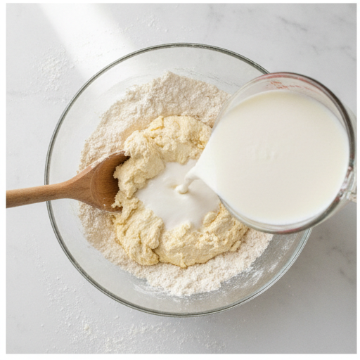 Adding buttermilk to form biscuit dough