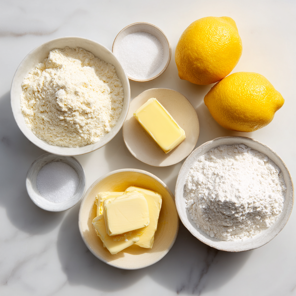 Main ingredients for lemon snowball cookies