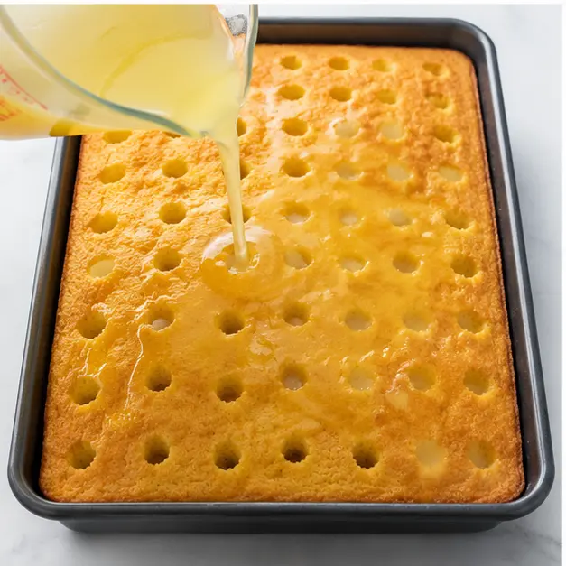 Step 3: Pour lemon syrup over the warm cake