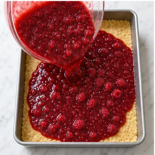 Step 3: Pouring the raspberry-lemon filling over the crust