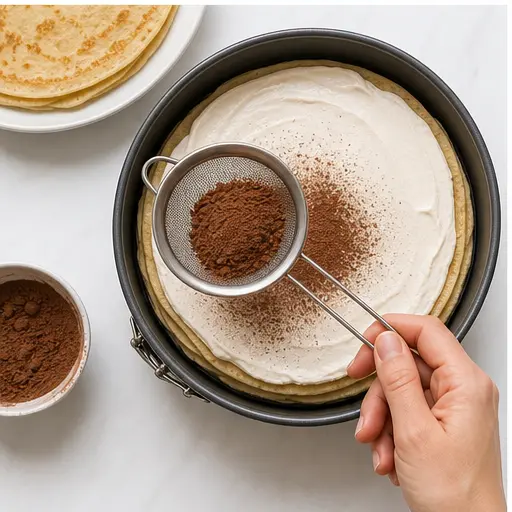 Step 3: Layering crepes with cream and cocoa powder