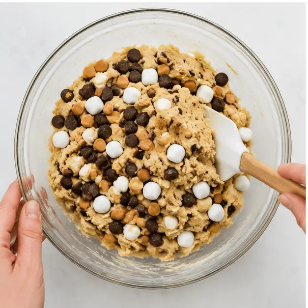 Step 3: Folding in chocolate chips, peanut butter chips, and marshmallows