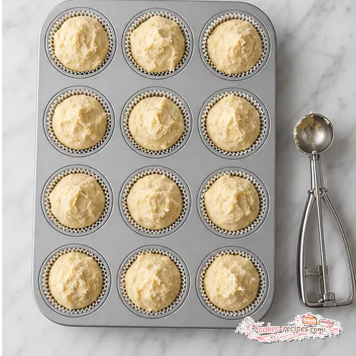 Step 4: Filling muffin liners to the top with thick batter