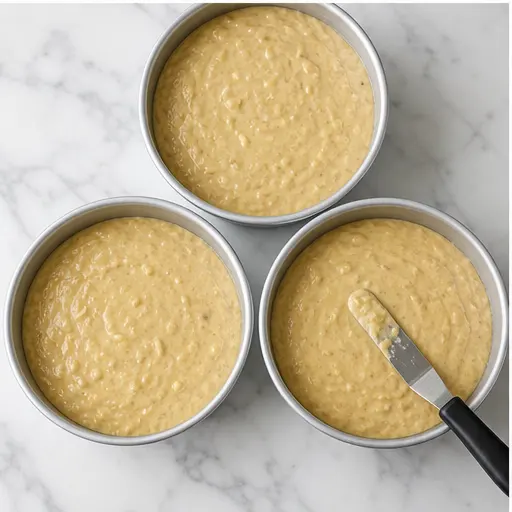 Step 3: Dividing batter into prepared cake pans