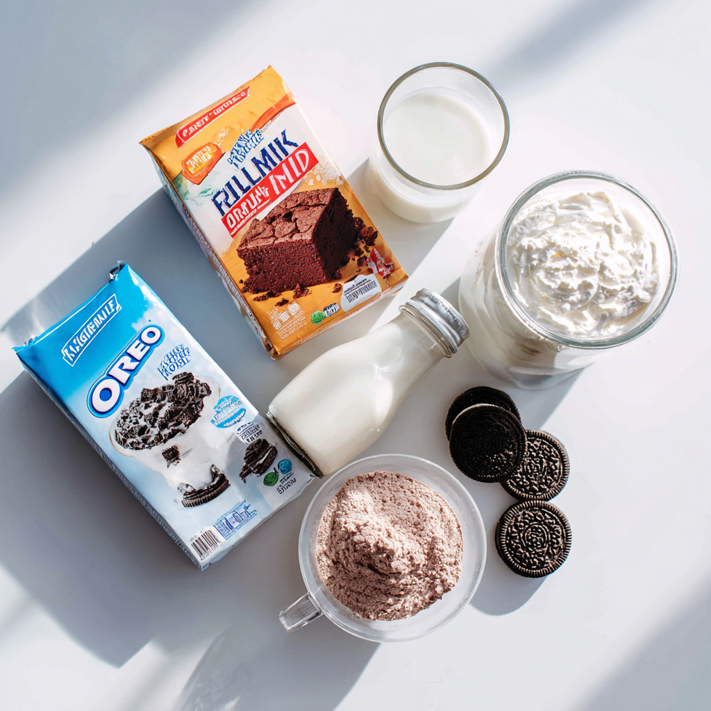 Oreo Poke Cake main ingredients: cake mix, milk, pudding, whipped topping, Oreos, chocolate syrup