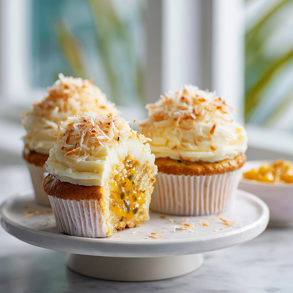 Final presentation of white chocolate passionfruit cupcakes with curd filling