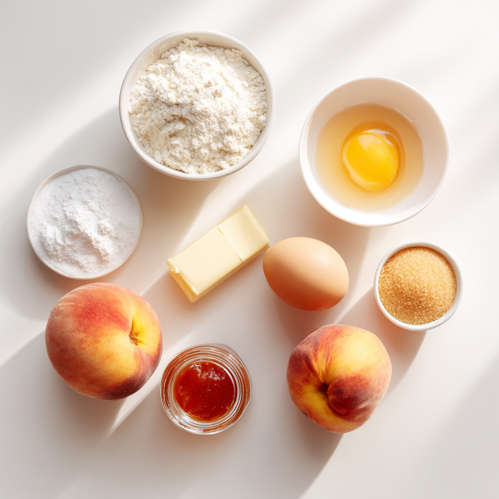peach cookies - main ingredients including flour, butter, sugar, eggs, and fresh peaches