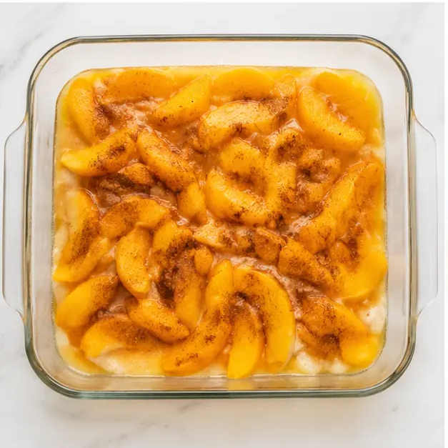 Step 3: Spoon peaches and syrup over batter