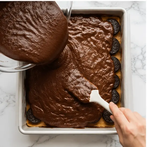 Step 3: Spread brownie batter over Oreo layer