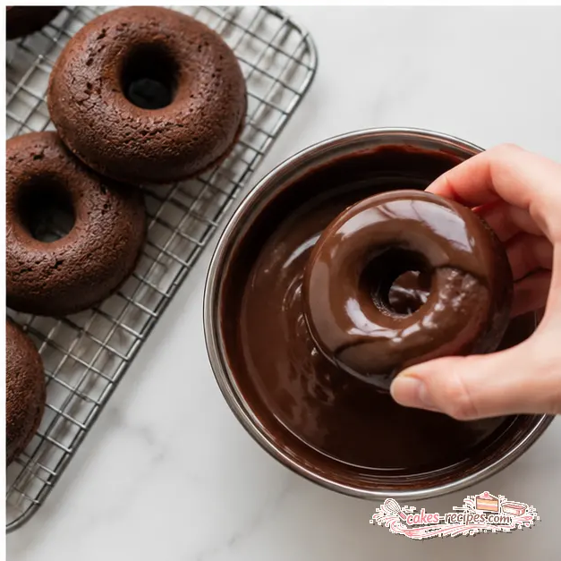 Step 4: Dipping baked donut into chocolate glaze