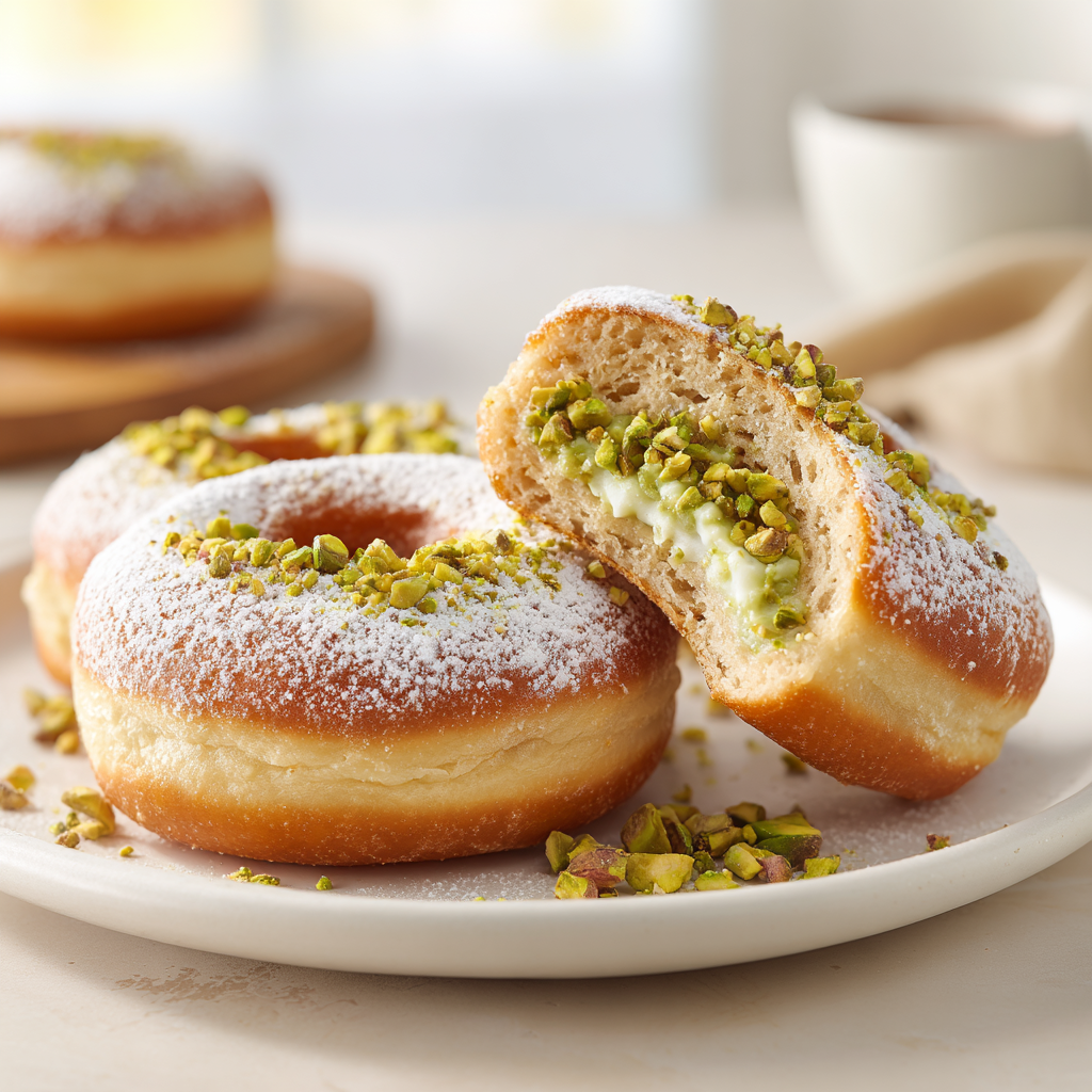 pistachio cream stuffed donut rings - final presentation