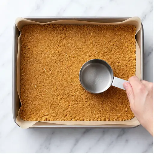 Step 1: Pressing graham cracker crust into pan