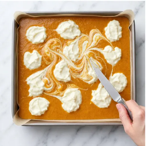 Step 3: Dropping and swirling cream cheese into pumpkin layer