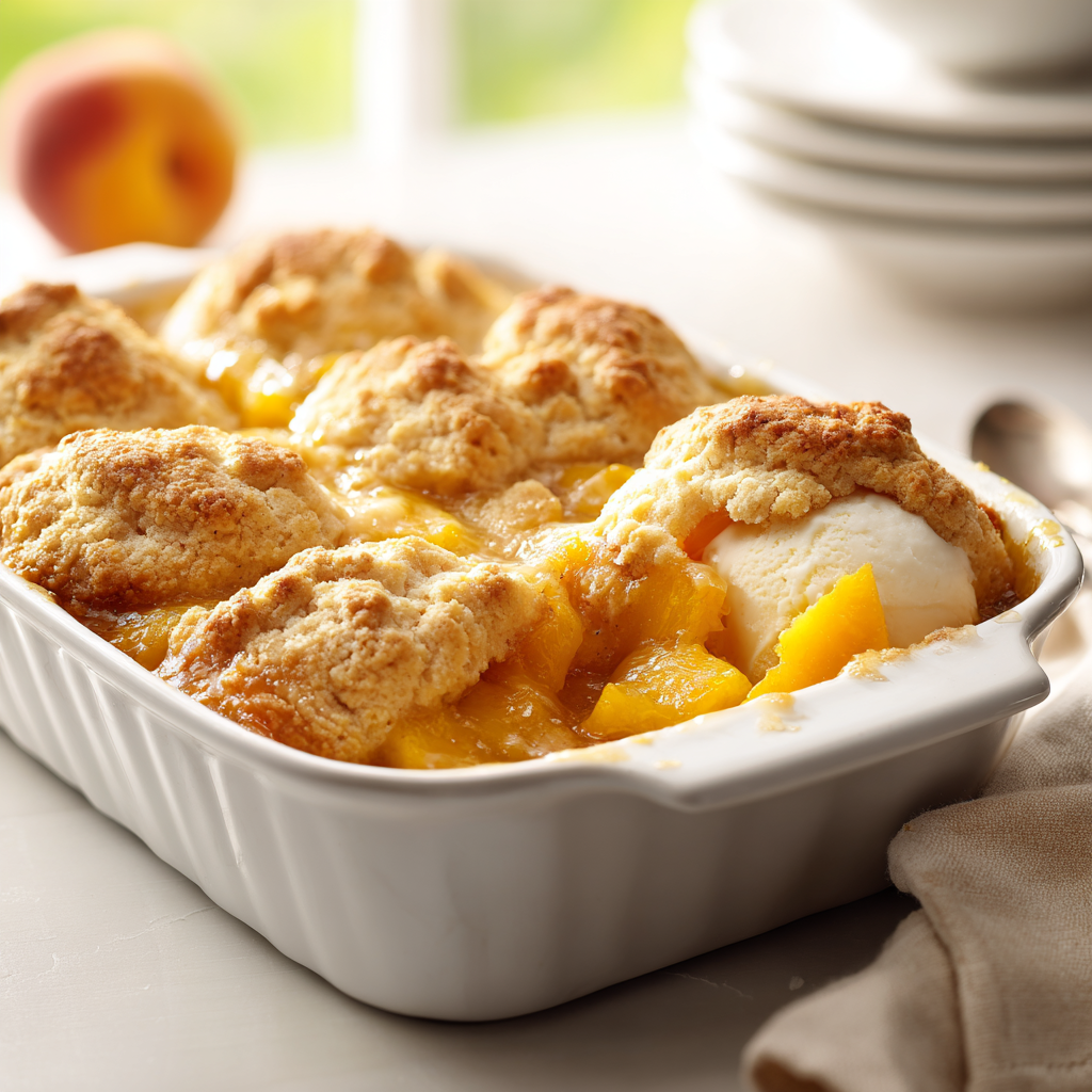 southern peach cobbler with buttermilk biscuit topping - final presentation