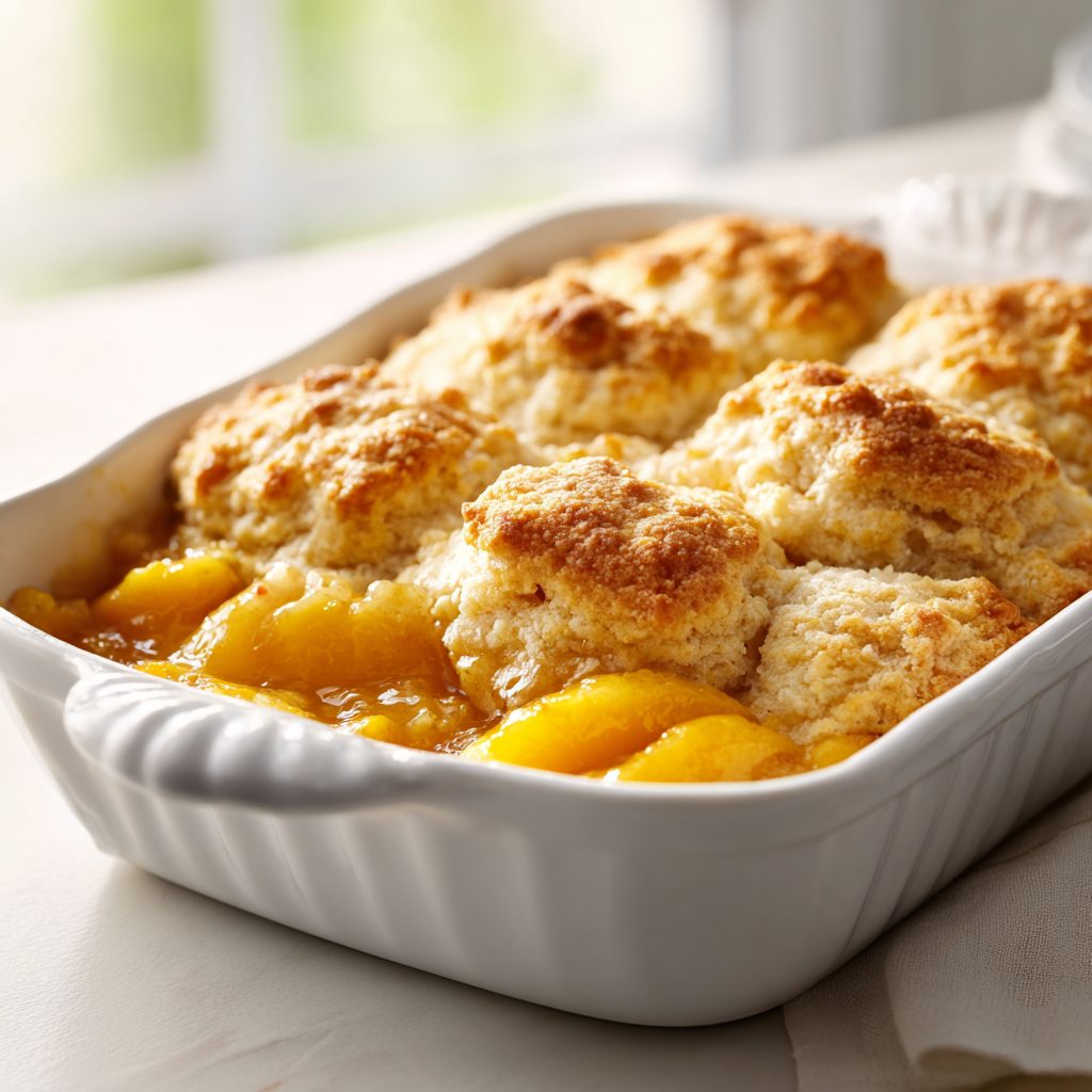 southern peach cobbler with buttermilk biscuit topping