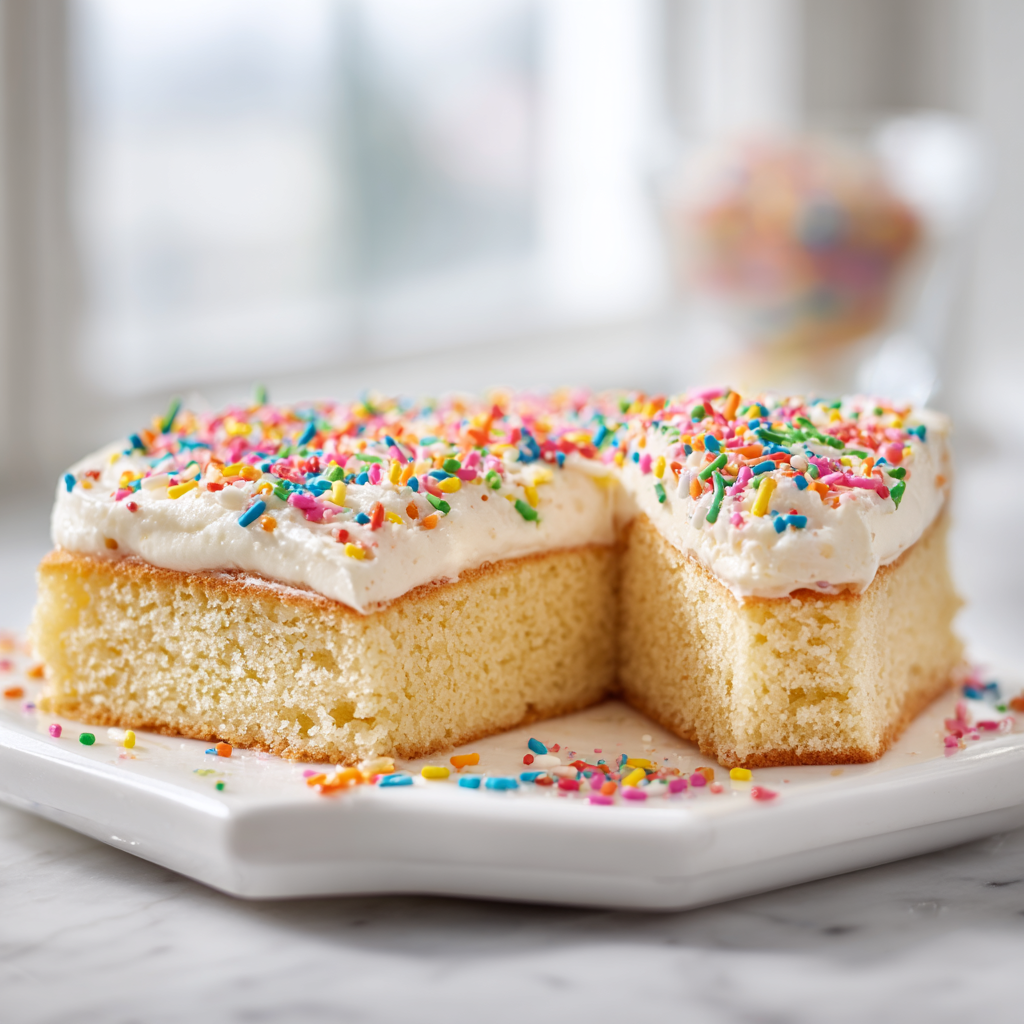 A slice of vanilla sheet cake with buttercream frosting on a white plate.