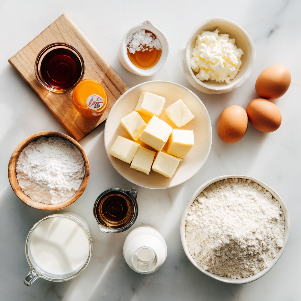 Main ingredients for vanilla sheet cake: cake flour, butter, eggs, sugar, vanilla, sour cream, and milk arranged on a white surface.
