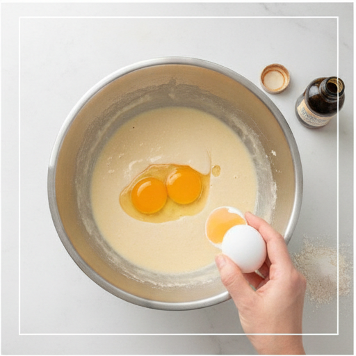 Step 2: Adding eggs and vanilla to the creamed butter mixture.