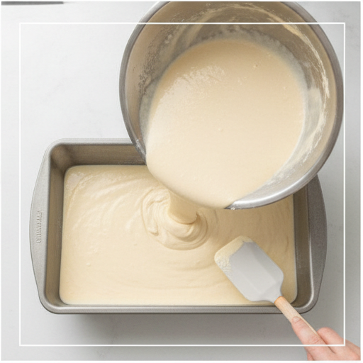 Step 4: Pouring the finished batter into a greased 9x13 baking pan.