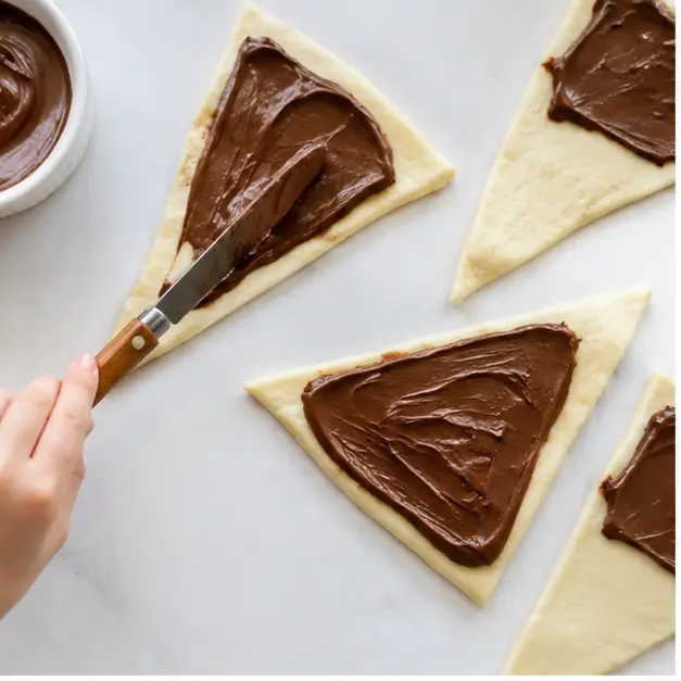 Step 1: Spreading chocolate hazelnut spread onto dough triangles