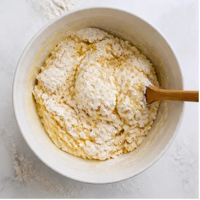 Step 1: Mixing shaggy ricotta dough in a large bowl