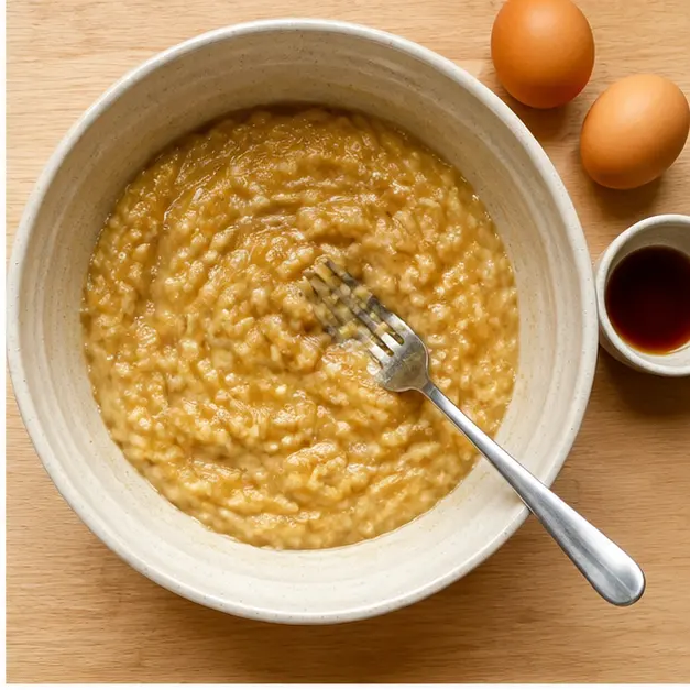 Mashing ripe bananas and whisking in the wet ingredients