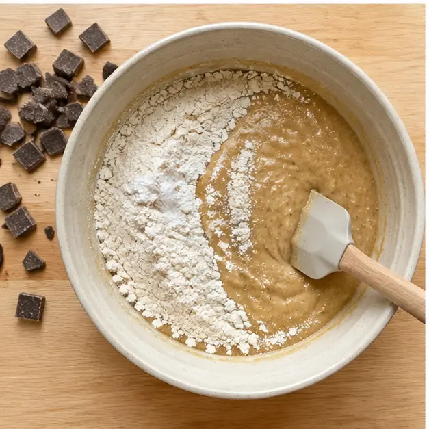 Folding the dry flour mixture into the banana batter gently