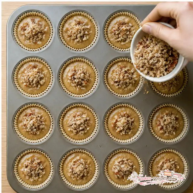 Step 4: Sprinkle pecan streusel over filled muffin cups