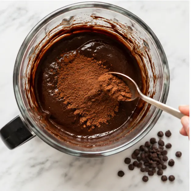 Mix in cocoa powder, baking powder, and salt, then fold in dark chocolate chips