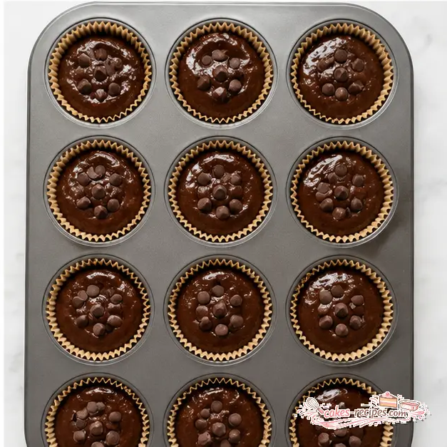 Fill lined muffin cups, top with chocolate chips, and bake until set