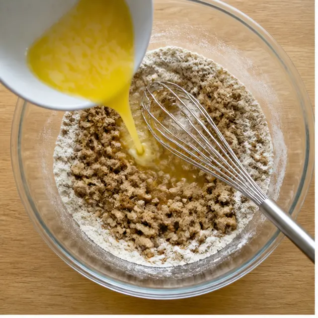 Mixing melted butter into flour and brown sugar to form the streusel crumble