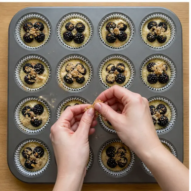 Filling lined muffin cups with batter and scattering streusel over the top