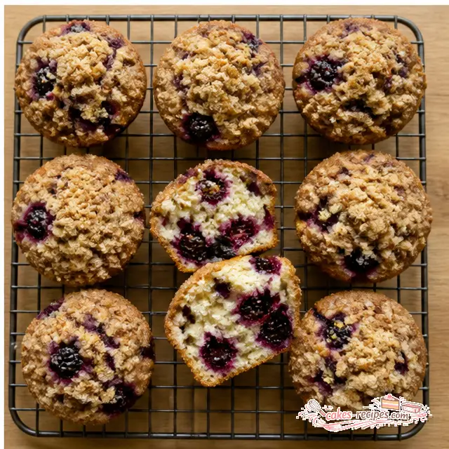 Golden domed blackberry crumb muffins cooling on a wire rack