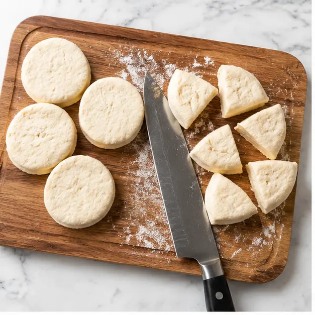 Cut buttermilk biscuit dough into quarters