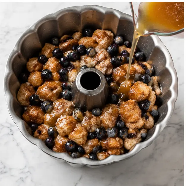 Layer coated dough and fresh blueberries in Bundt pan