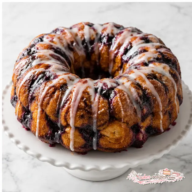 Invert baked monkey bread onto cake stand and drizzle with vanilla icing