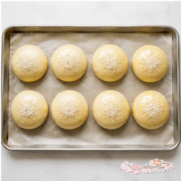 Step 4: Brush the buns with milk, sprinkle with sesame seeds, and bake until golden