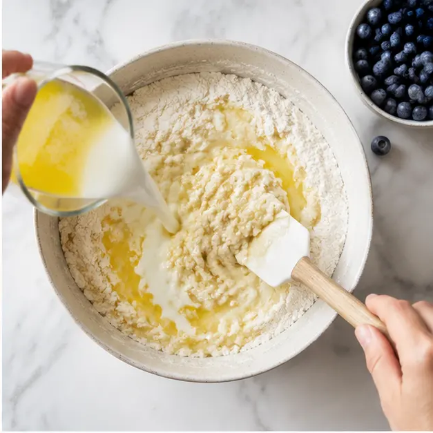 Fold in blueberries and pour in liquids