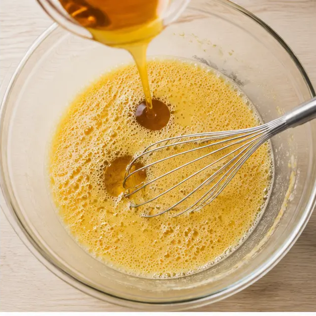 Step 2: Beat eggs and honey until pale and frothy, then add vanilla and grapeseed oil