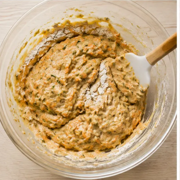Step 3: Fold the flour mixture and grated vegetables into the wet batter with a rubber spatula