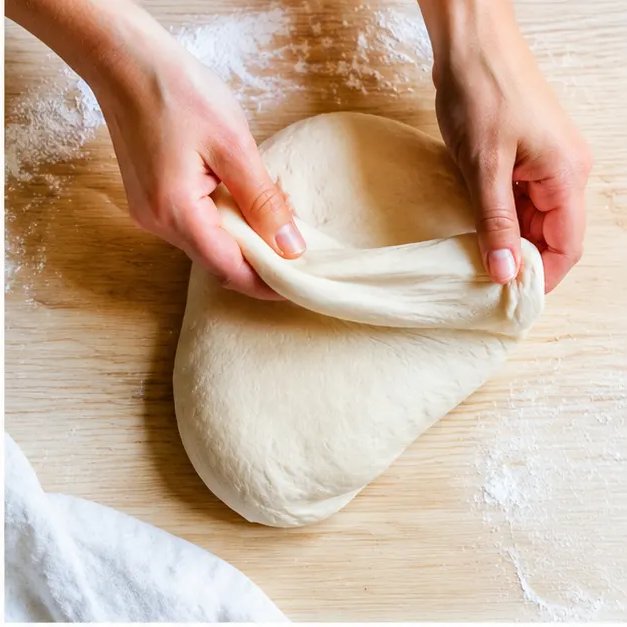 Performing the stretch and fold technique on the rested dough
