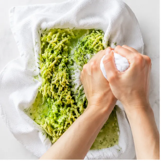 Step 1: Wringing shredded zucchini dry in a kitchen towel