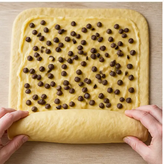 Step 3: Rolling dough with custard and chocolate chips