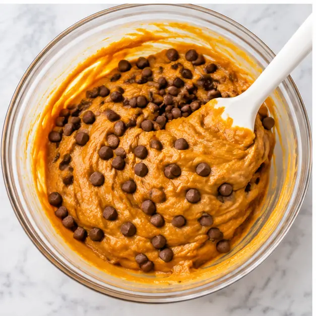 Step 3: Fold semi-sweet chocolate chips into the thick pumpkin batter