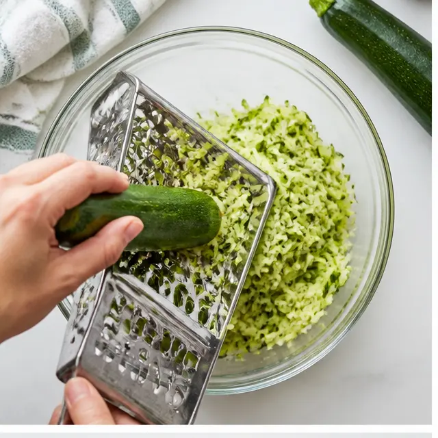 Grate fresh garden zucchini on a box grater into a bowl