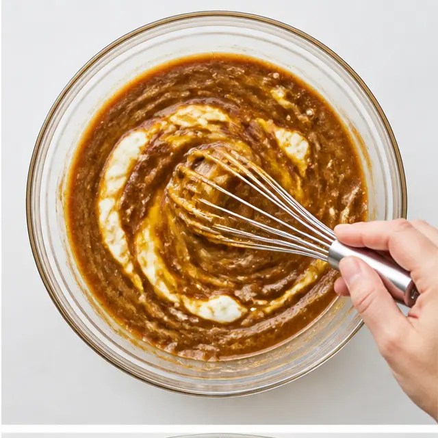 Whisk melted butter, both sugars, sour cream and eggs into a glossy wet batter