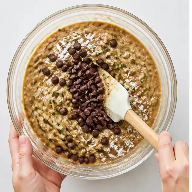 Fold dark chocolate chips into the zucchini batter with a rubber spatula