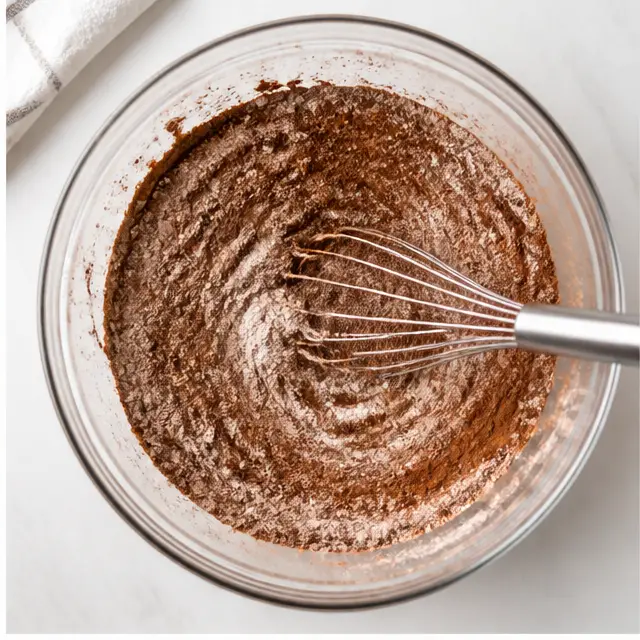 Step 2: Whisk flour, cocoa powder, salt, baking soda and cinnamon together.