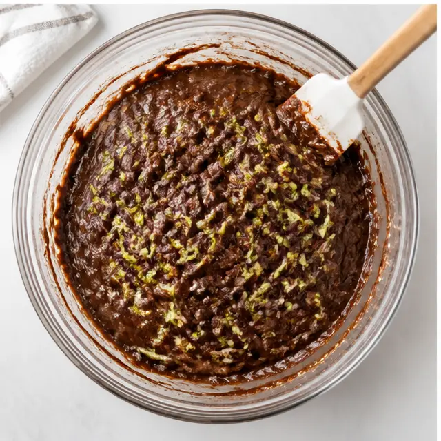 Step 3: Fold finely shredded zucchini and chocolate chips into the batter.