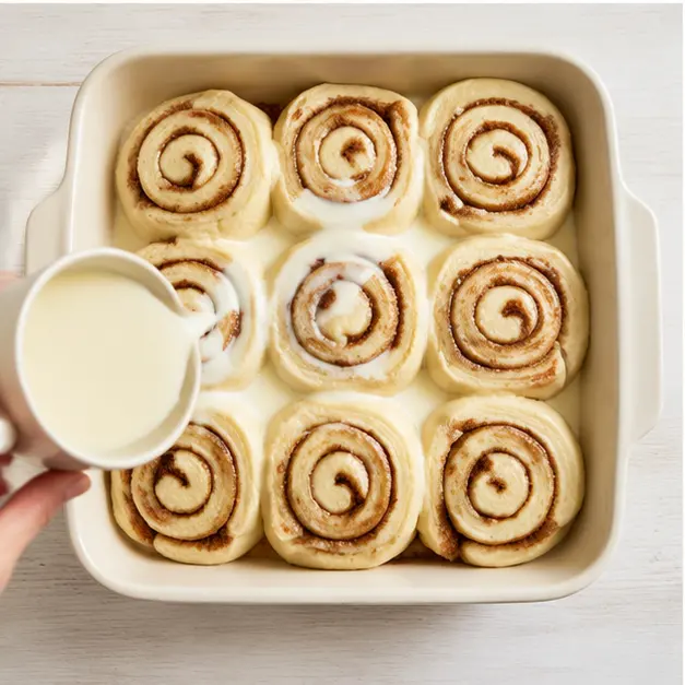 Slicing the rolls and arranging them in the baking dish